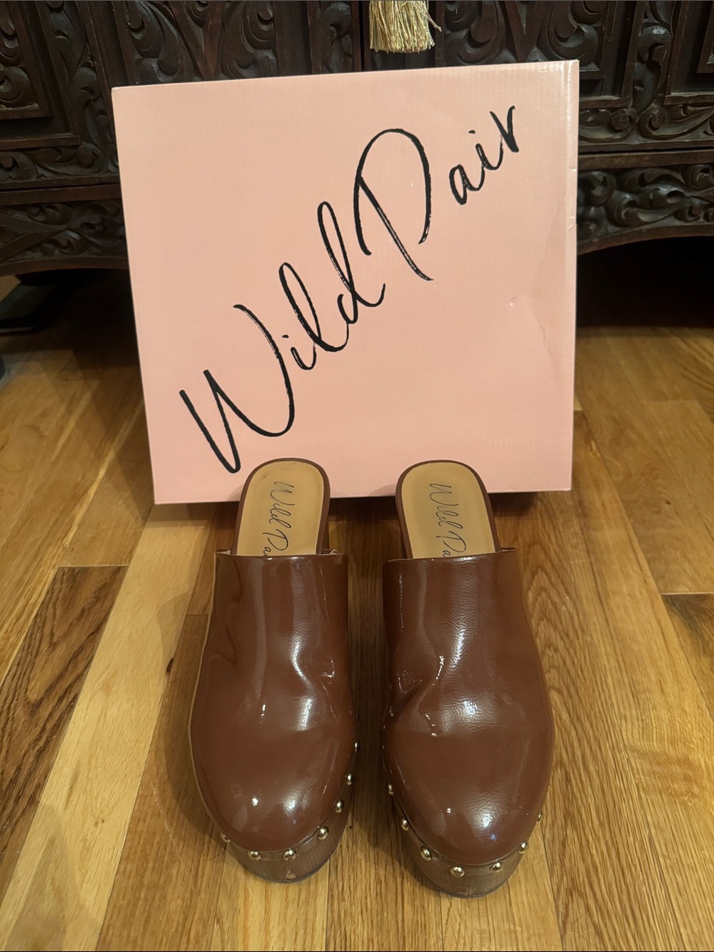 Wild Pair Addore Faux Leather Studded Clogs (Women's) - Cognac - Sz 6.5 M